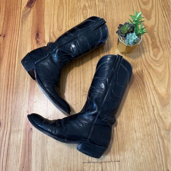 VTG Lucchese San Antonio 4LN19 Leather Black Embroidered Boots Size US 10B